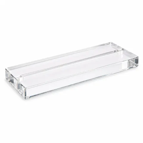 Clear 8 mm acrylic stand base with a slot along the top, seen at a three-quarter angle, on a white background