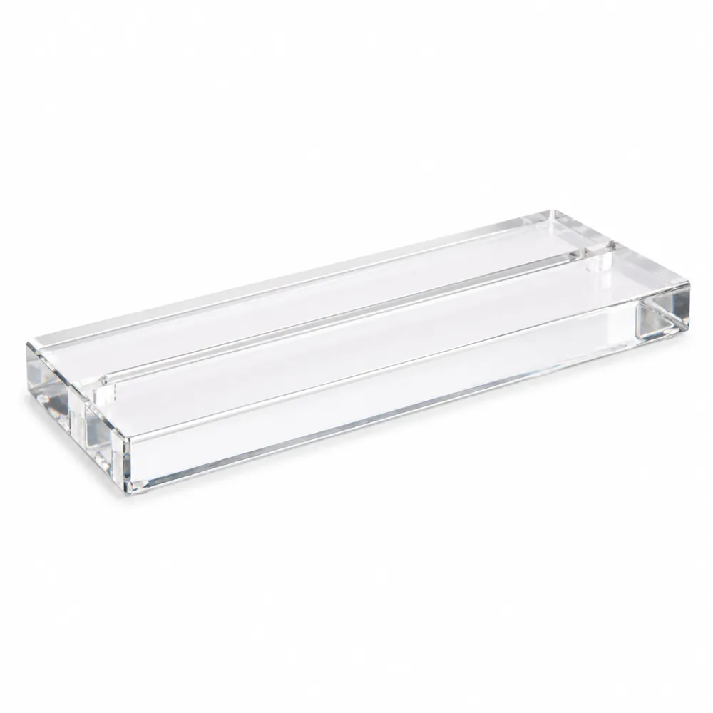 Clear 8 mm acrylic stand base with a slot along the top, seen at a three-quarter angle, on a white background