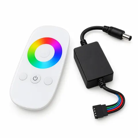 Juego de controlador RGB: control táctil blanco y delgado con rueda de color y una pequeña caja receptora negra, sobre fondo blanco