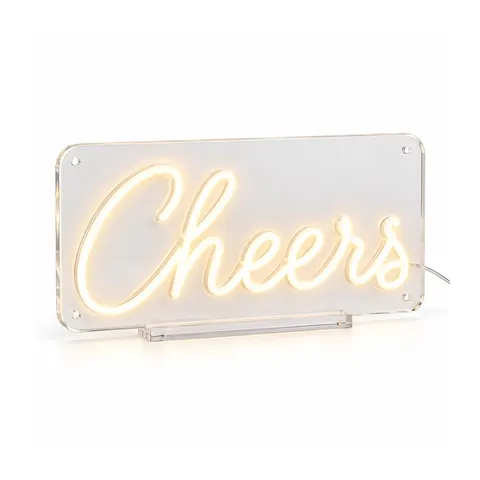 Tabletop neon sign example: “Cheers” in warm white LED neon script standing in a short clear acrylic base, on a white background