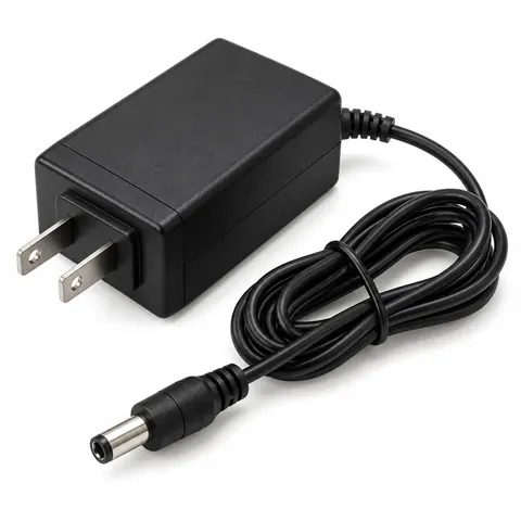 Black 12 V plug-in power adapter for LED neon signs with a US two-prong plug and a coiled cable ending in a DC plug, on a white background