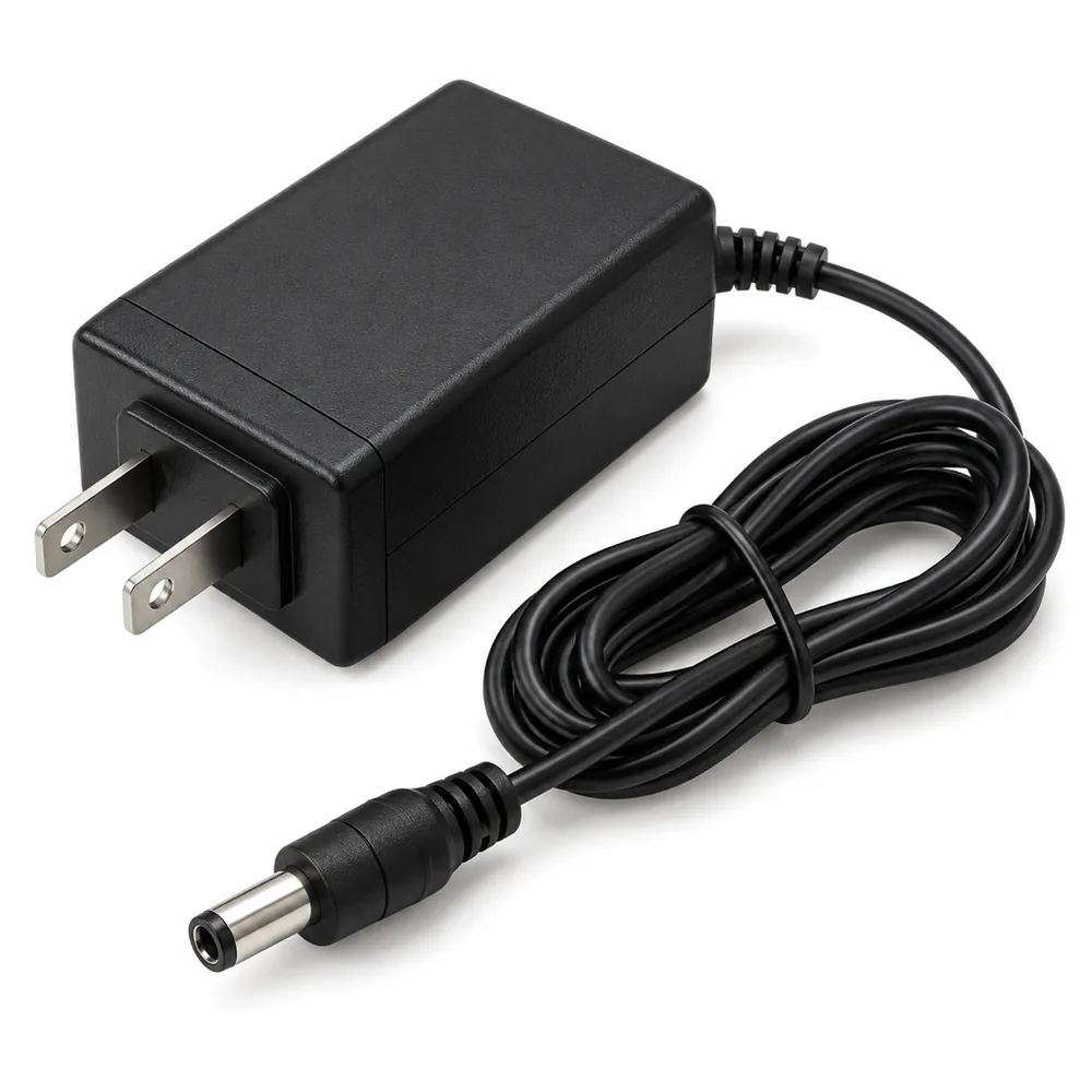 Black 12 V plug-in power adapter for LED neon signs with a US two-prong plug and a coiled cable ending in a DC plug, on a white background