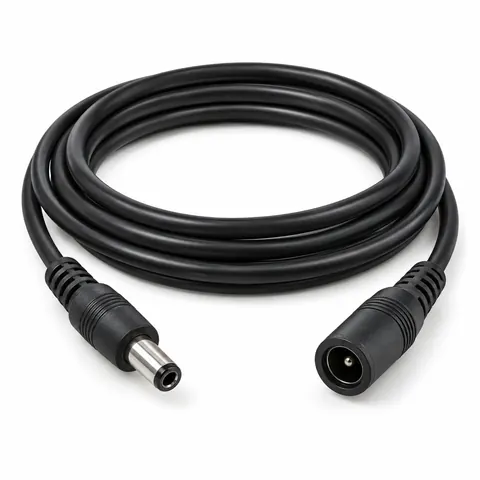 Black DC extension cable for LED neon signs, coiled, with a barrel plug at one end and a barrel socket at the other, on a white background