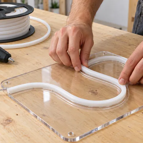 Hands pressing a white LED neon tube into a script-shaped groove in a clear acrylic sheet in a sign workshop