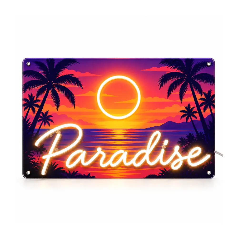 Neon sign on a printed backboard: a full-color sunset and palm trees with a neon sun and “Paradise” in white script, on a white background